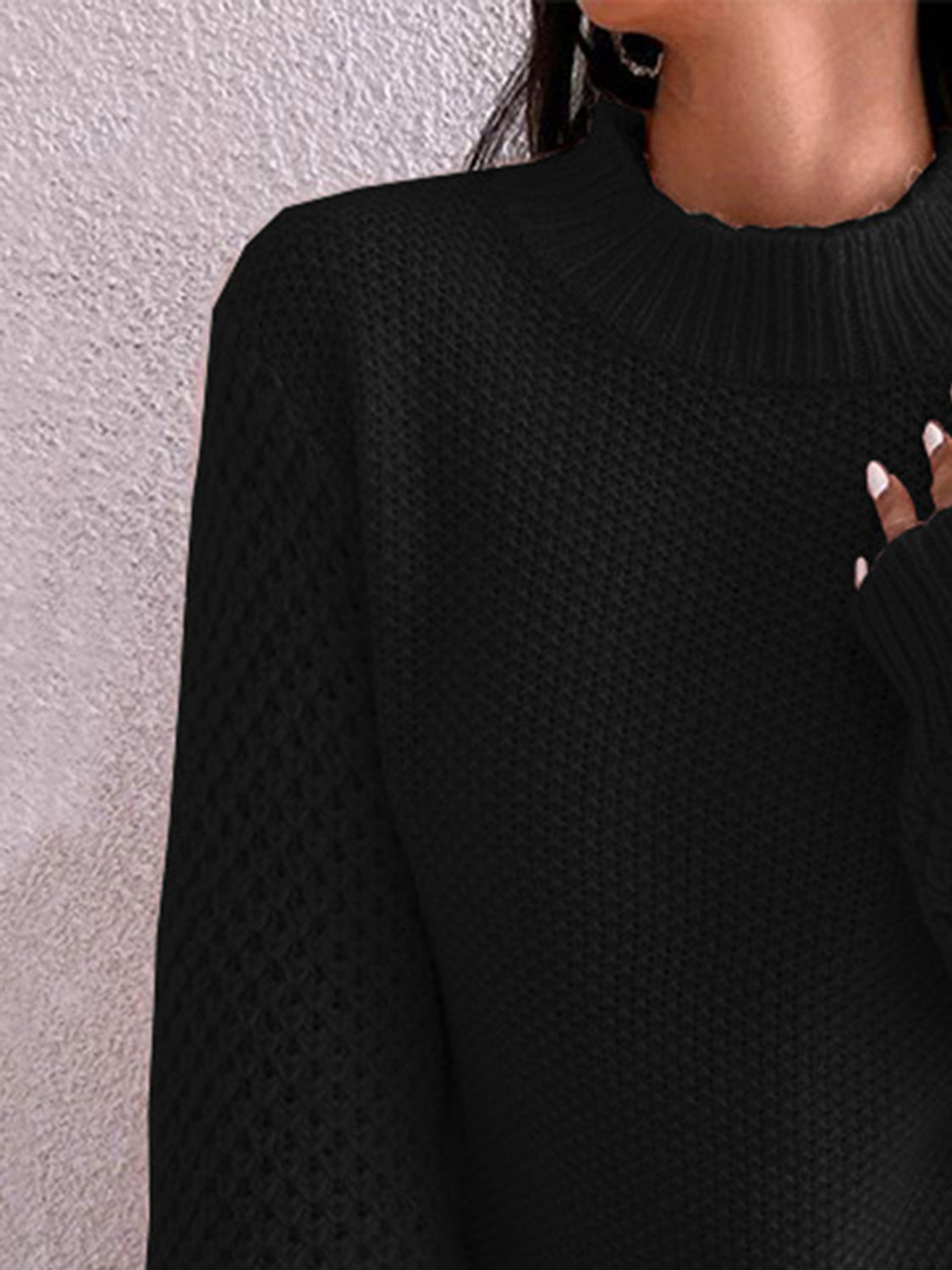 Openwork Mock Neck Long Sleeve Sweater - Fashion Finder Hub
