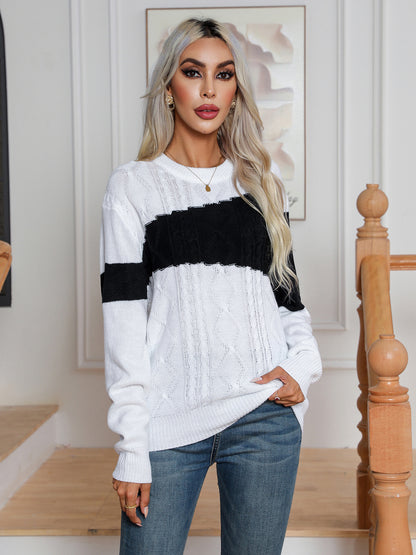 Color Block Cable-Knit Round Neck Sweater - Fashion Finder Hub