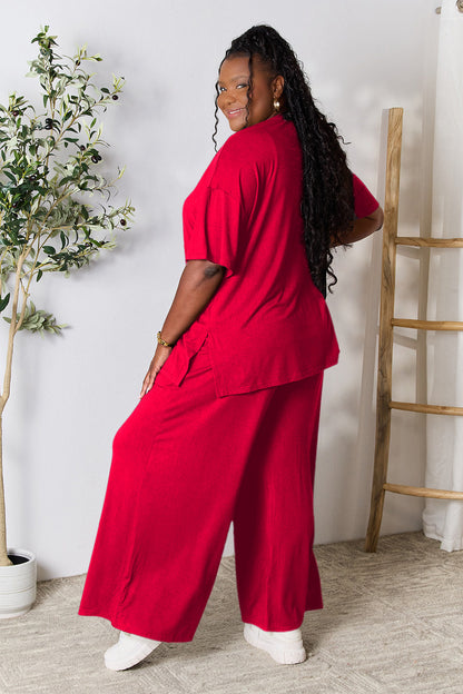 Double Take Full Size Round Neck Slit Top and Pants Set - Fashion Finder Hub