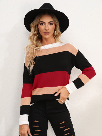 Striped Round Neck Dropped Shoulder Sweater - Fashion Finder Hub