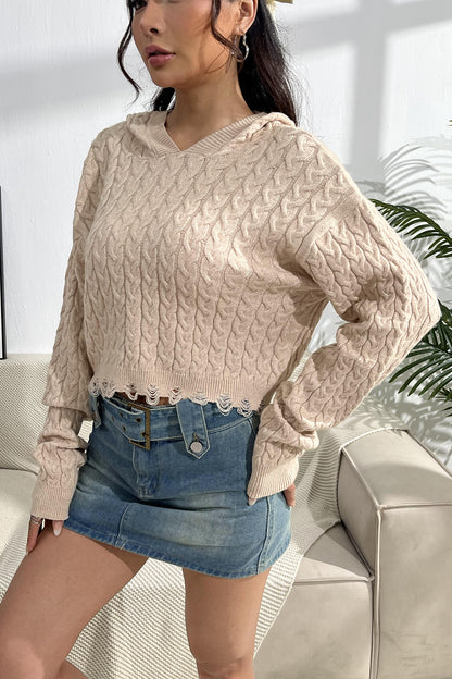Cable-Knit Dropped Shoulder Hooded Sweater - Fashion Finder Hub