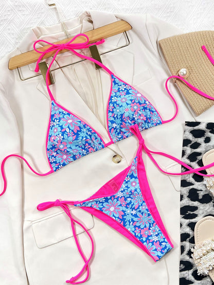 Floral Halter Neck Tie Side Bikini Set - Fashion Finder Hub