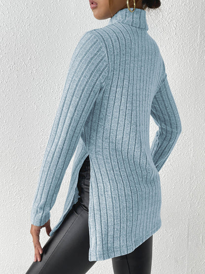 Ribbed Turtleneck Long Sleeve Slit T-Shirt - Fashion Finder Hub