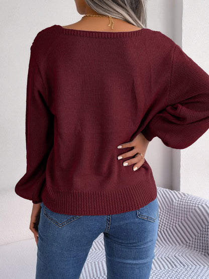 Cable-Knit Square Neck Long Sleeve Sweater - Fashion Finder Hub