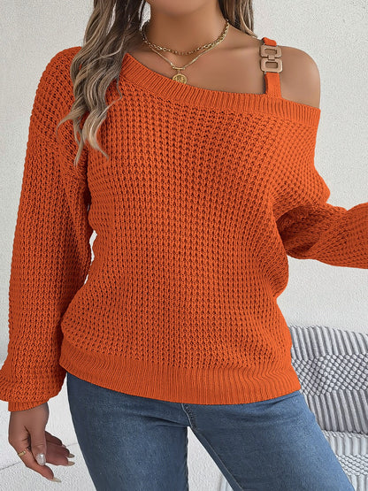 Asymmetrical Neck Long Sleeve Sweater - Fashion Finder Hub