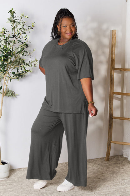 Double Take Full Size Round Neck Slit Top and Pants Set - Fashion Finder Hub