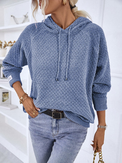 Texture Drawstring Long Sleeve Hooded Sweater - Fashion Finder Hub