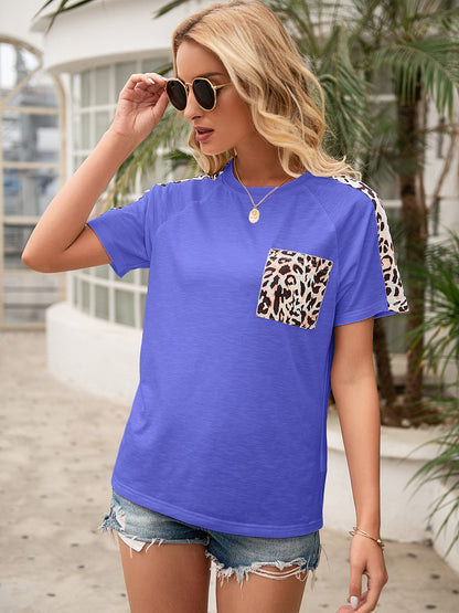 Pocketed Leopard Round Neck Short Sleeve T-Shirt - Fashion Finder Hub