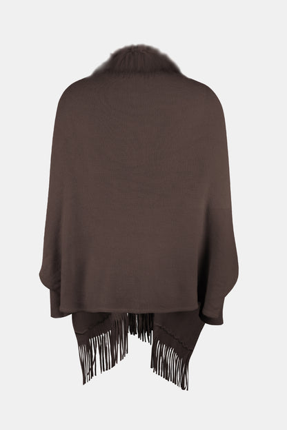 Fringe Open Front Long Sleeve Poncho - Fashion Finder Hub