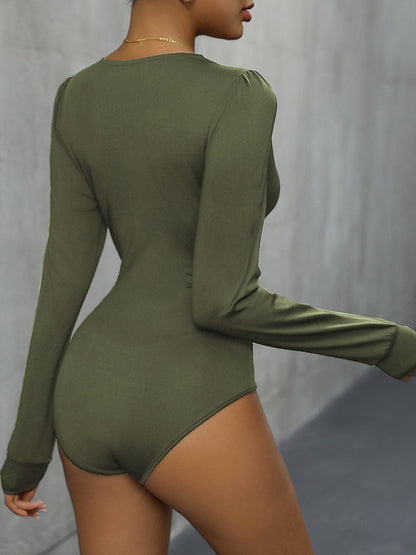 Lace Detail Plunge Long Sleeve Bodysuit - Fashion Finder Hub