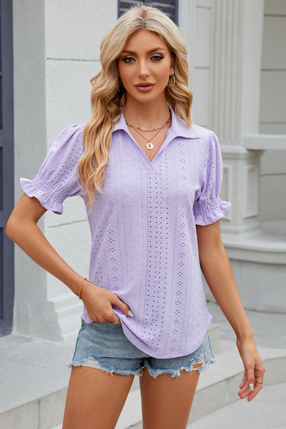 Eyelet Johnny Collar Short Sleeve Blouse - Fashion Finder Hub
