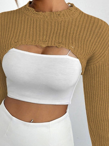 Distressed Long Sleeve Cropped Sweater - Fashion Finder Hub