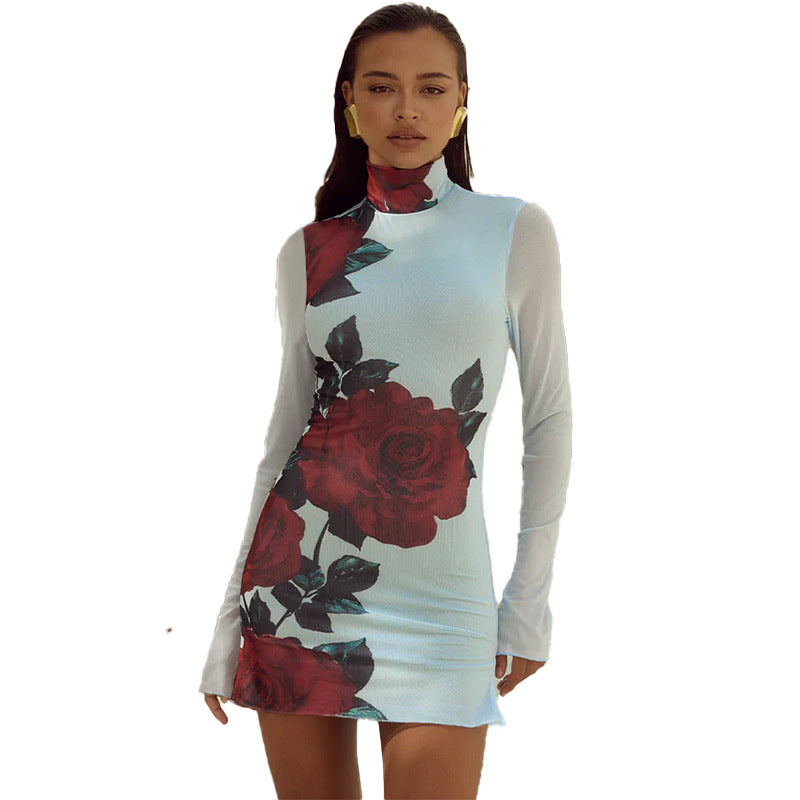 Women's Autumn Fashion Style Slim Fit Turtleneck Print Dress