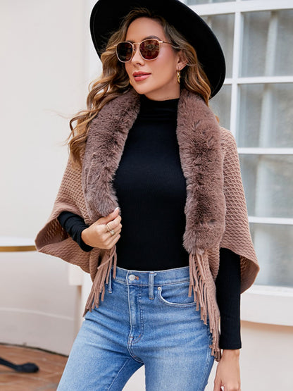 Open Front Fringe Hem Poncho - Fashion Finder Hub