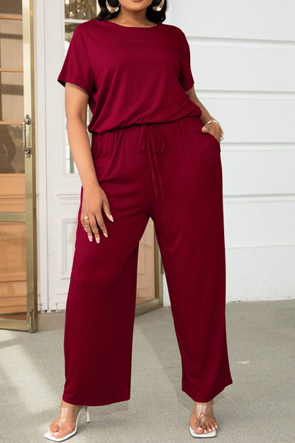 Plus Size Drawstring Waist Short Sleeve Jumpsuit - Fashion Finder Hub