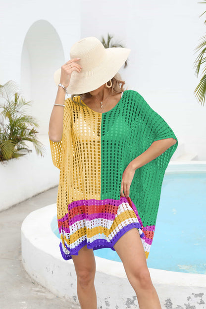 Contrast Scoop Neck Openwork Half Sleeve Cover Up - Fashion Finder Hub