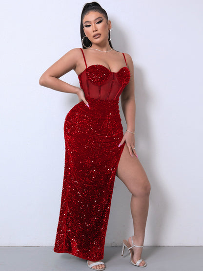 Sequin Spliced Mesh Adjustable Strap Dress - Fashion Finder Hub