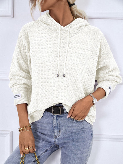 Texture Drawstring Long Sleeve Hooded Sweater - Fashion Finder Hub