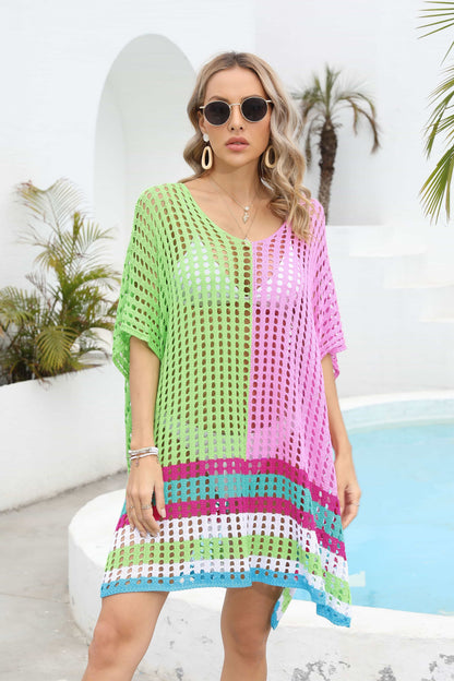 Contrast Scoop Neck Openwork Half Sleeve Cover Up - Fashion Finder Hub