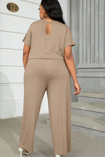 Plus Size Drawstring Waist Short Sleeve Jumpsuit - Fashion Finder Hub