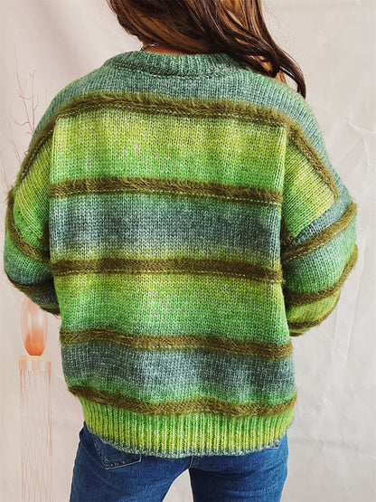 Striped Round Neck Long Sleeve Sweater - Fashion Finder Hub