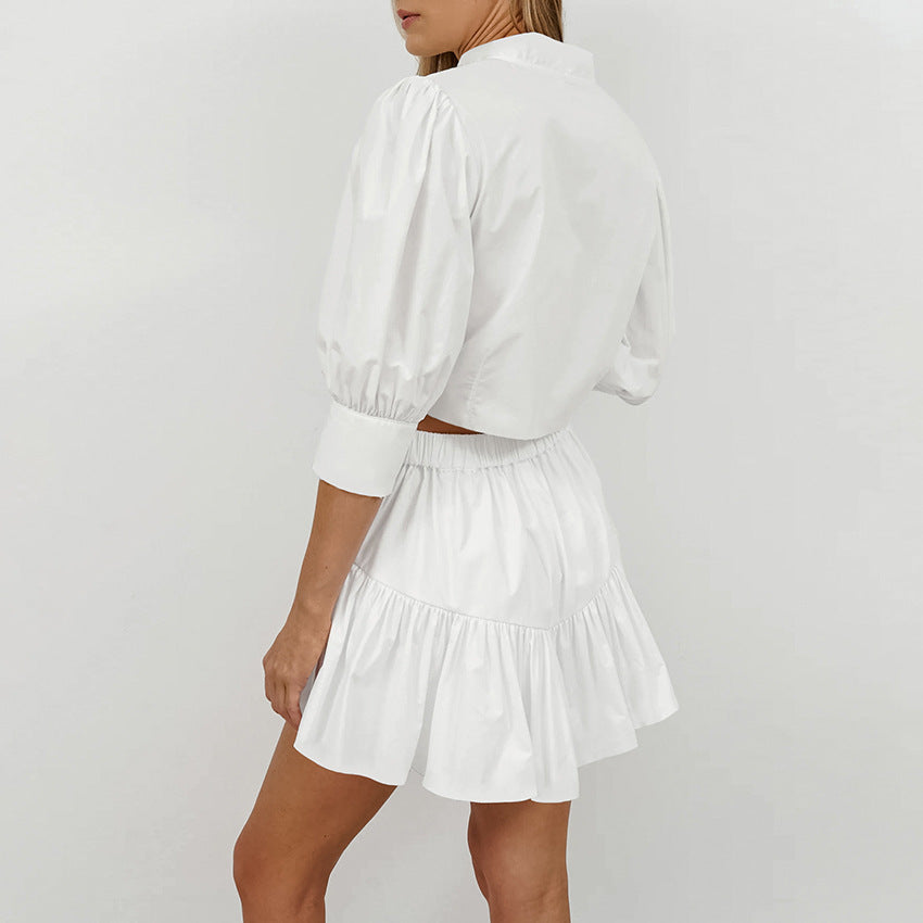 White Lantern Sleeve Shirt Short Skirt Two-piece Set For Women