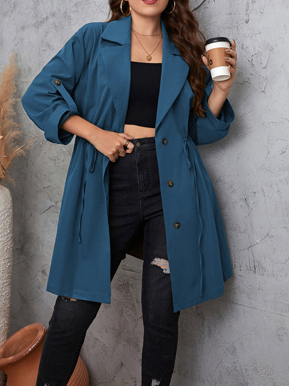 Plus Size Lapel Collar Drawstring Roll-Tab Sleeve Trench Coat - Fashion Finder Hub