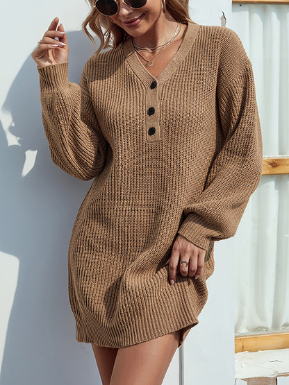 V-Neck Dropped Shoulder Mini Sweater Dress - Fashion Finder Hub