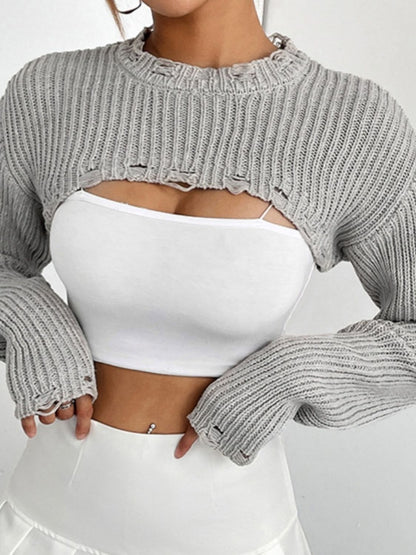 Distressed Long Sleeve Cropped Sweater - Fashion Finder Hub