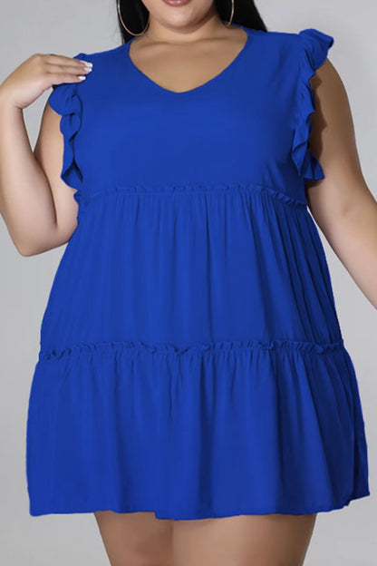 Plus Size V-Neck Frill Trim Mini Dress - Fashion Finder Hub