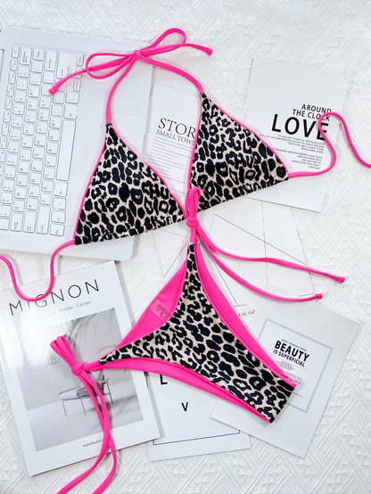 Leopard Print Halter Neck Tie Side Bikini Set - Fashion Finder Hub