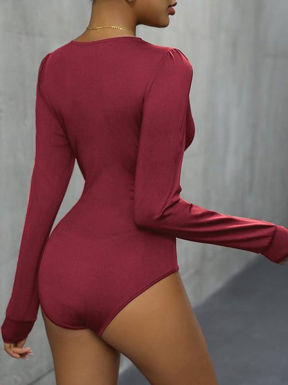 Lace Detail Plunge Long Sleeve Bodysuit - Fashion Finder Hub