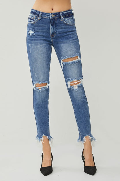 RISEN Distressed Frayed Hem Slim Jeans - Fashion Finder Hub