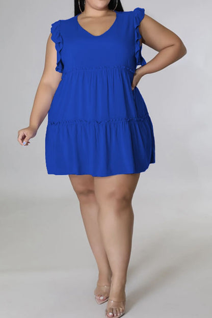 Plus Size V-Neck Frill Trim Mini Dress - Fashion Finder Hub