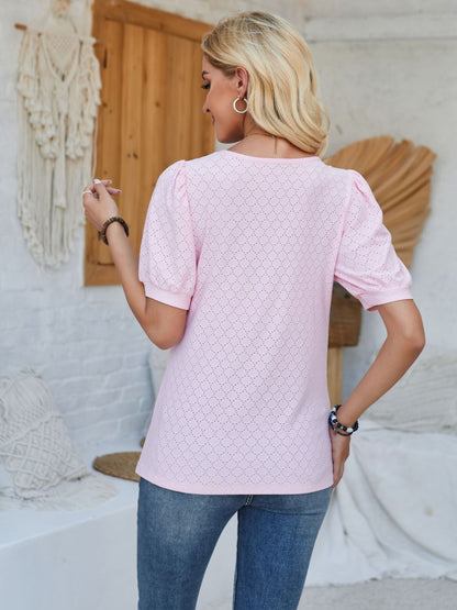 Eyelet Asymmetrical Neck Short Sleeve T-Shirt - Fashion Finder Hub