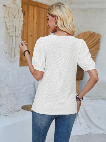 Eyelet Asymmetrical Neck Short Sleeve T-Shirt - Fashion Finder Hub