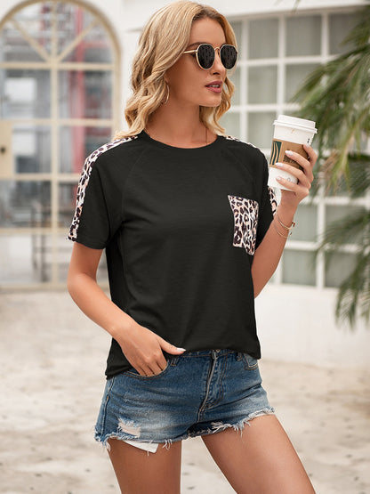 Pocketed Leopard Round Neck Short Sleeve T-Shirt - Fashion Finder Hub