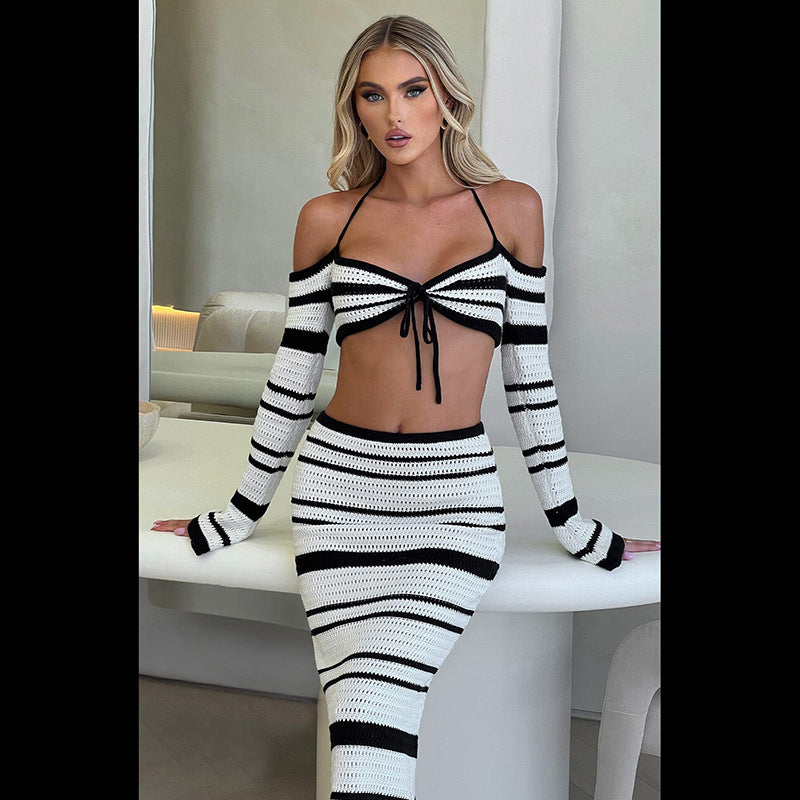 Women's Striped Off-shoulder Halter Lace-up Long Sleeve