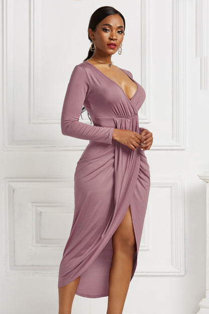 High-low Ruched Surplice Long Sleeve Dress - Fashion Finder Hub