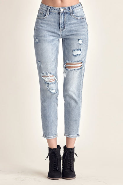 RISEN Distressed Slim Cropped Jeans - Fashion Finder Hub