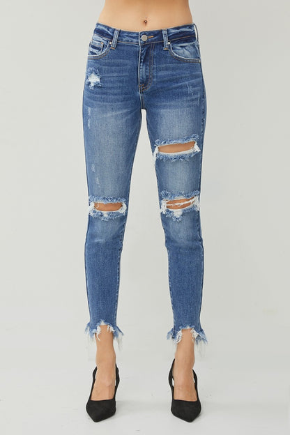 RISEN Distressed Frayed Hem Slim Jeans - Fashion Finder Hub