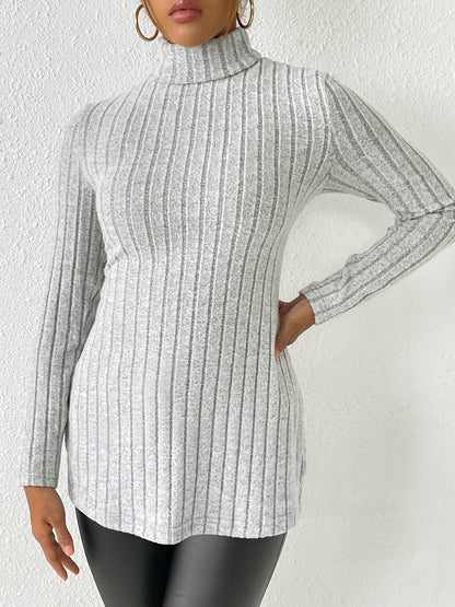 Ribbed Turtleneck Long Sleeve Slit T-Shirt - Fashion Finder Hub