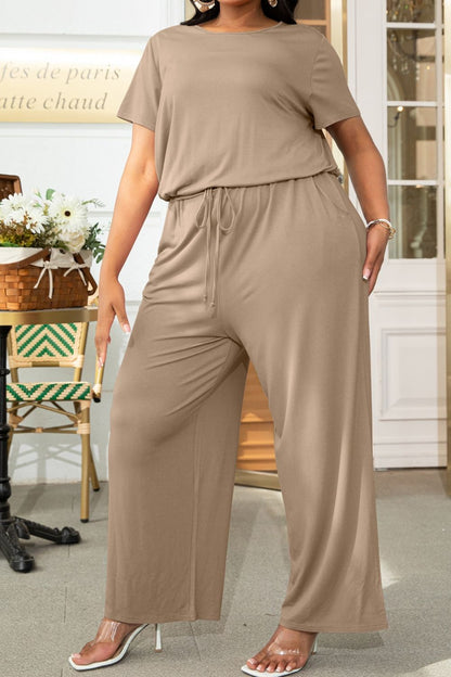 Plus Size Drawstring Waist Short Sleeve Jumpsuit - Fashion Finder Hub