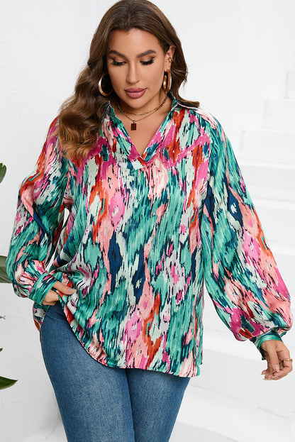Plus Size Printed Johnny Collar Long Sleeve Blouse - Fashion Finder Hub
