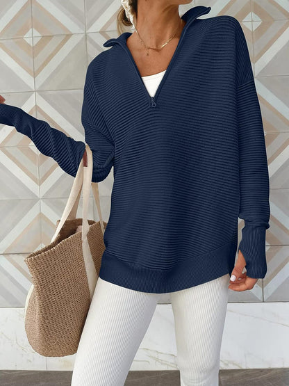 Half Zip Long Sleeve Knit Top - Fashion Finder Hub