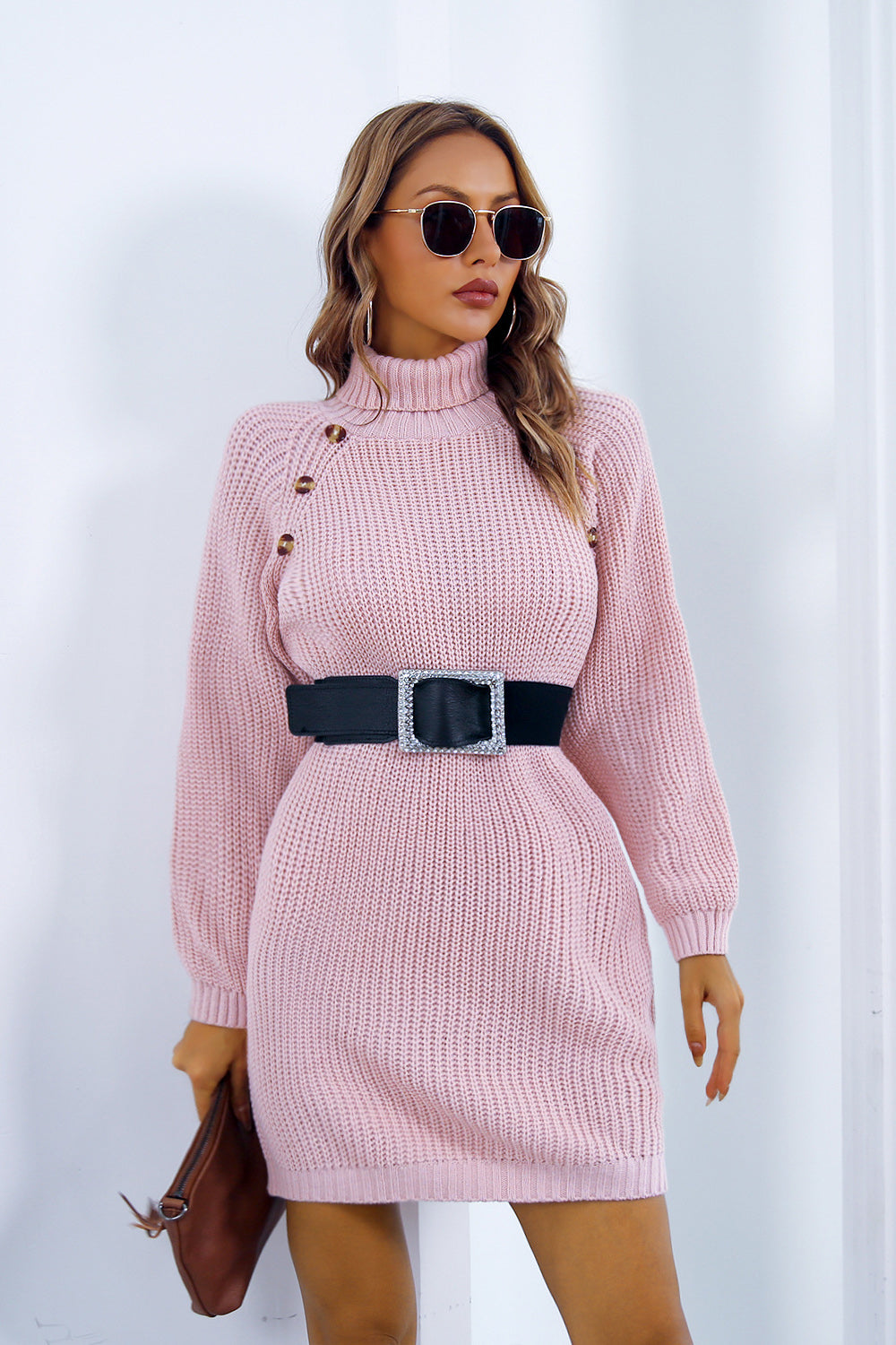 Buttoned Turtleneck Long Sleeve Sweater Dress - Fashion Finder Hub