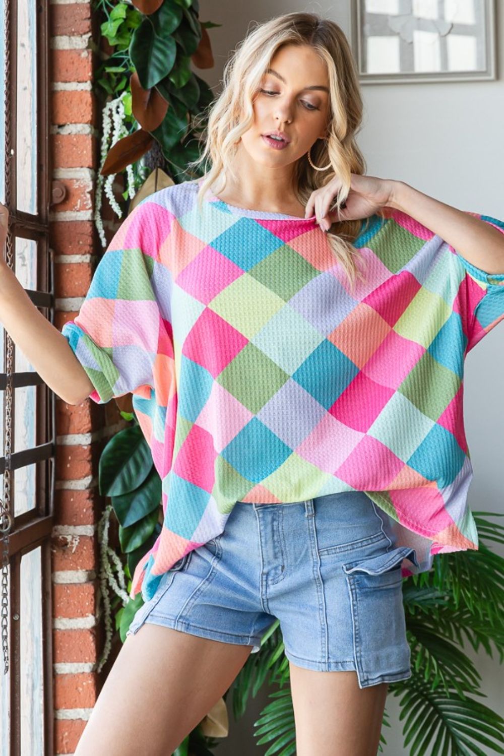 HOPELY Color Block Waffle Oversized T-Shirt - Fashion Finder Hub