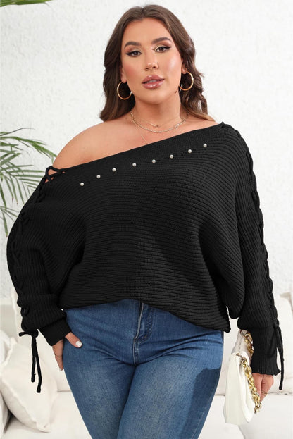 Plus Size One Shoulder Beaded Sweater - Fashion Finder Hub