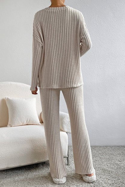 Plus Size Ribbed V-Neck Drop Shoulder Top and Pants Set - Fashion Finder Hub