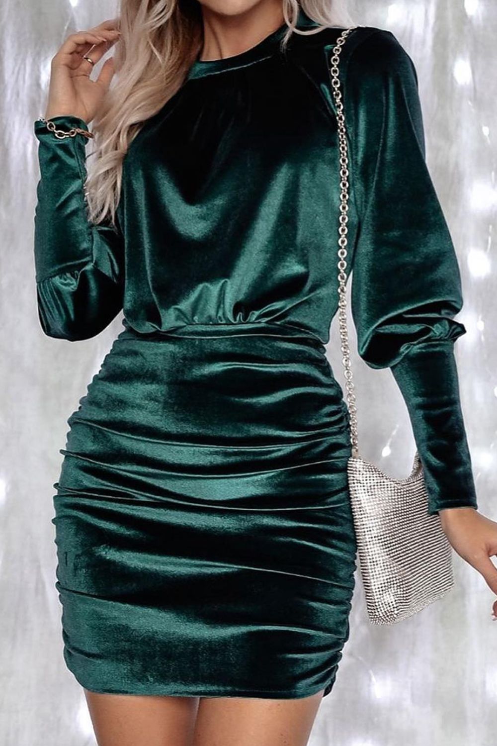 Ruched Round Neck Lantern Sleeve Mini Dress - Fashion Finder Hub